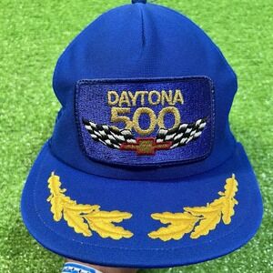 Vintage 80s NASCAR Trucker Hat 1980 Daytona 500 SnapBack Blue Gold NWOT USA Made